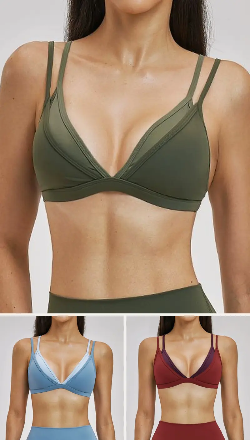 DIELAI cut-and-sew sports bra in Moss Green, front view