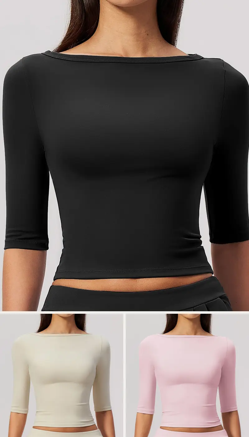 DIELAI cut-and-sew 3/4-sleeve top in Jet Black, front view