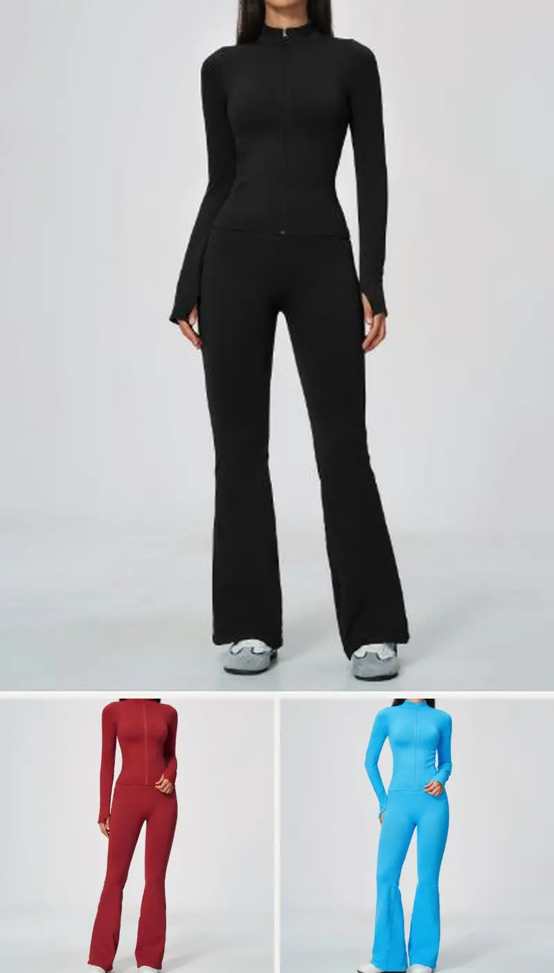 DIELAI seamless two-piece set in Jet Black, front view