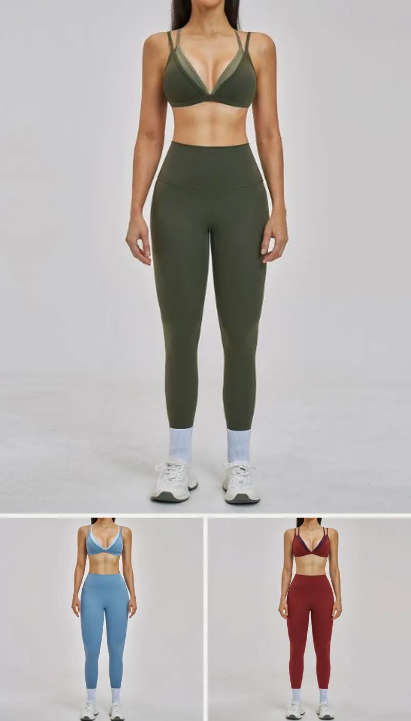 DIELAI cut-and-sew two-piece set in Moss Green, front view