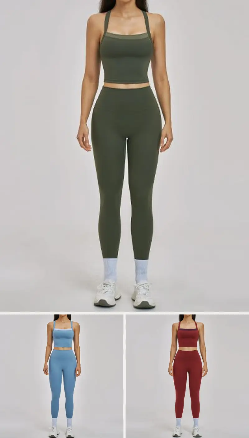 DIELAI cut-and-sew two-piece set in Moss Green, front view