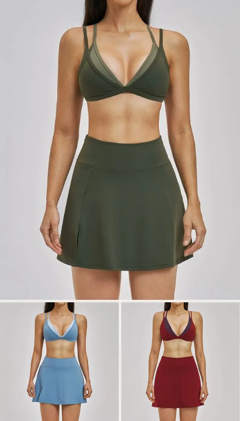 DIELAI cut-and-sew two-piece set in Moss Green, front view