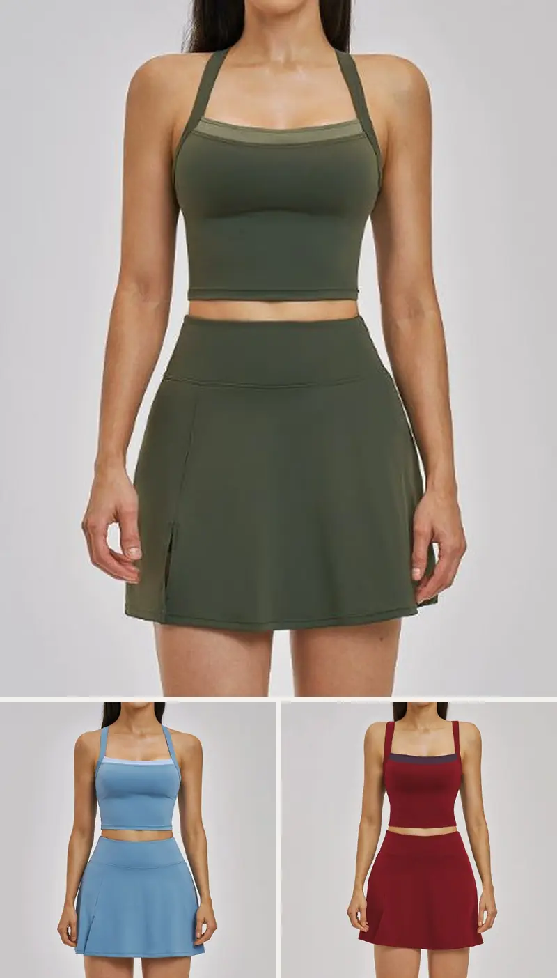 DIELAI cut-and-sew two-piece set in Moss Green, front view
