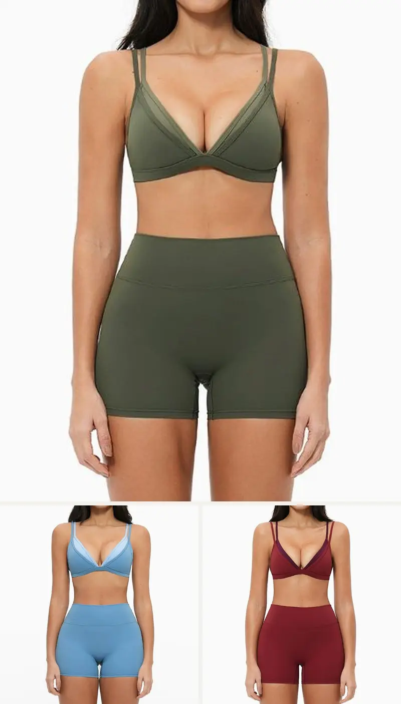 DIELAI cut-and-sew two-piece set in Moss Green, front view