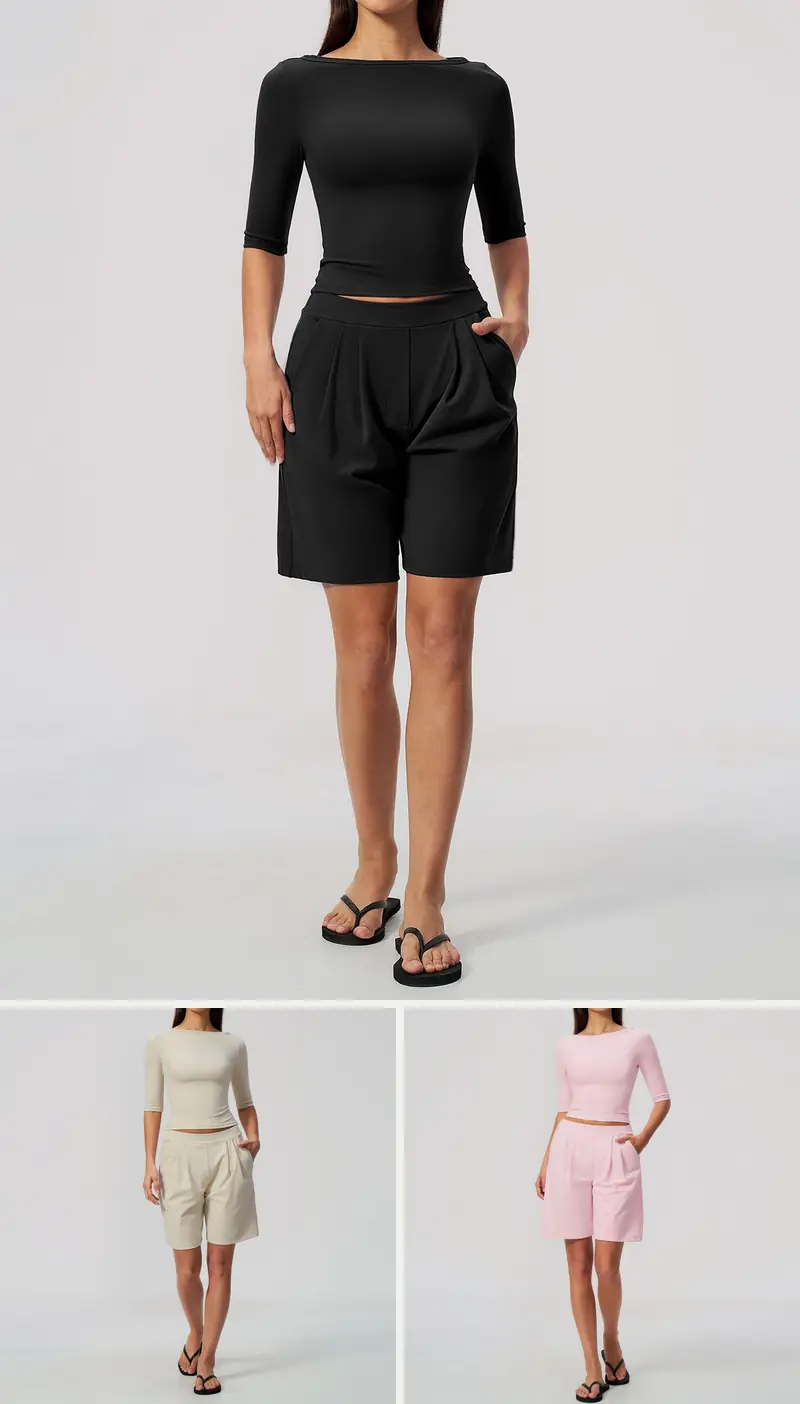 DIELAI cut-and-sew two-piece set in Jet Black, front view