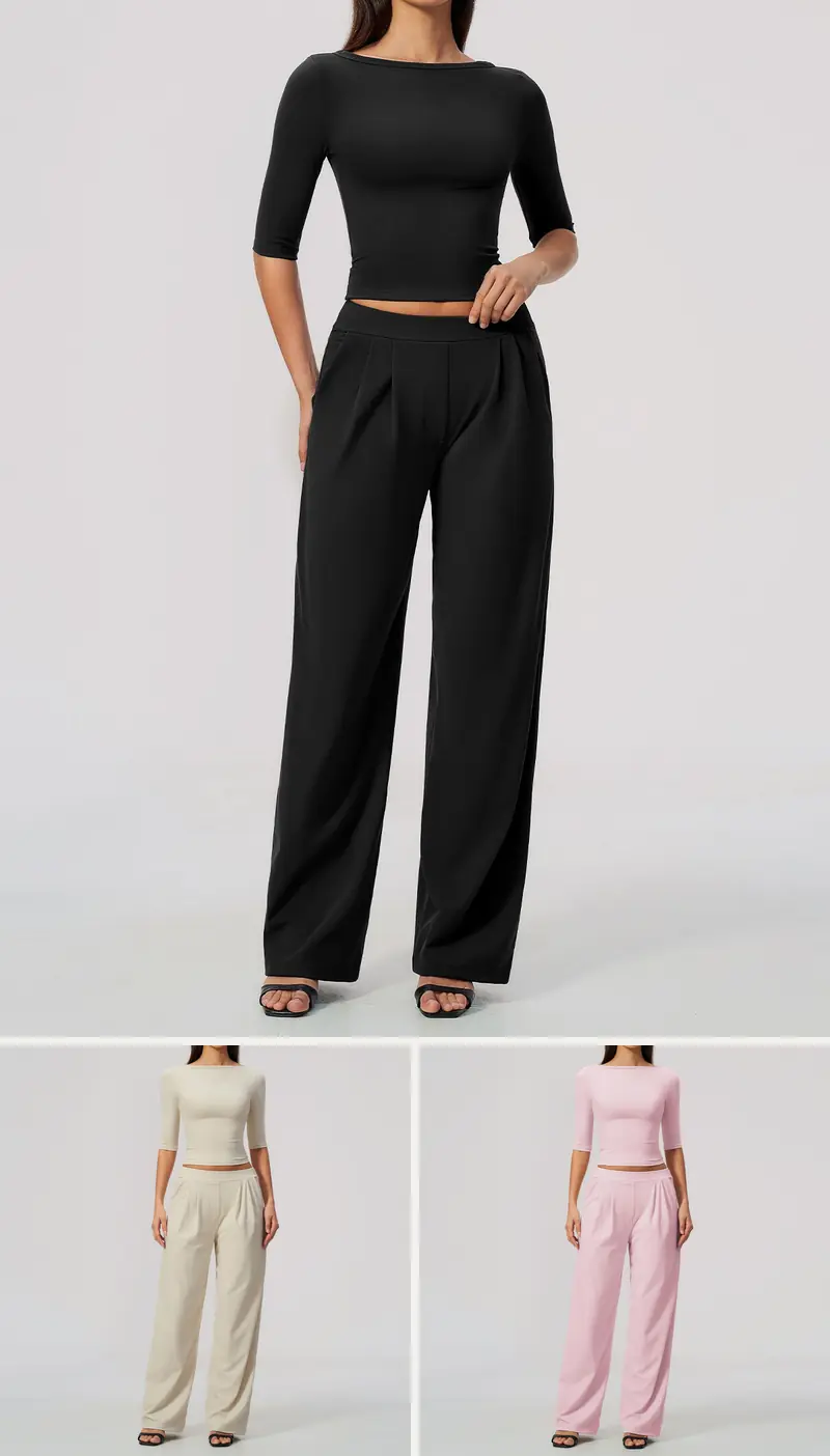 DIELAI cut-and-sew two-piece set in Jet Black, front view